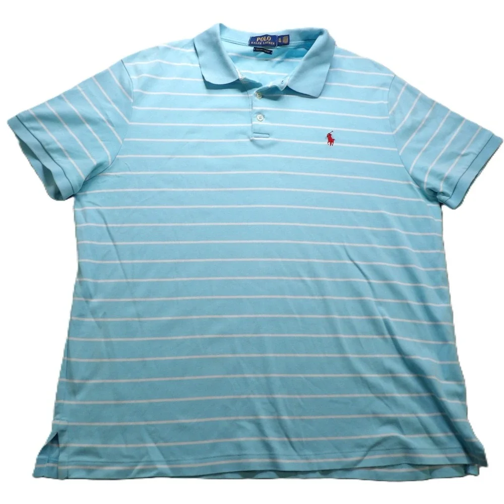 Polo Ralph Lauren Men XL Custom Slim Fit Mesh Polo Blue Striped Red Pony Cotton
